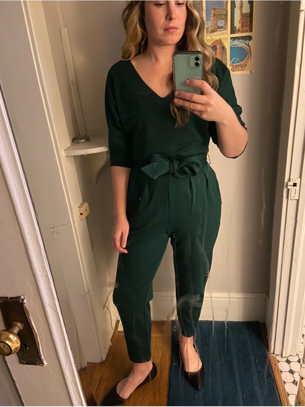 Anthropologie Forest Green V-Neck Tie-Waist Jumpsuit